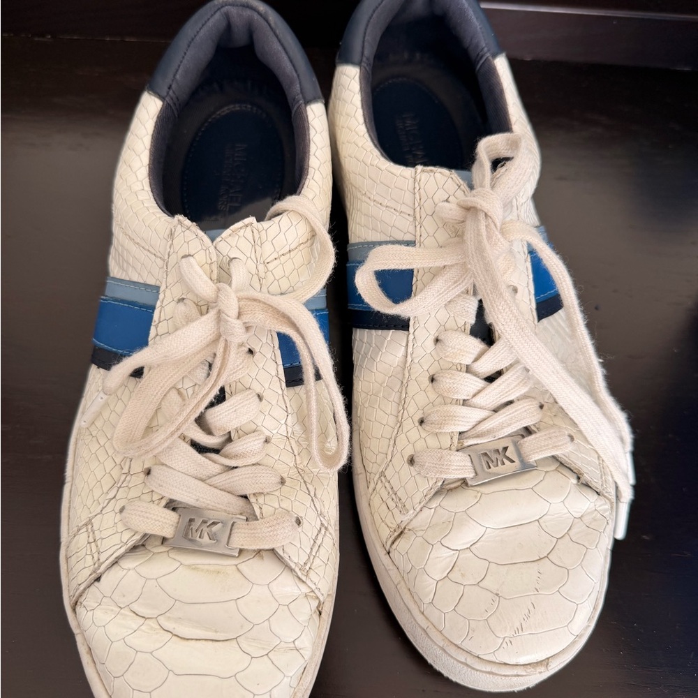 Michael Kors Cream Leather Sneakers with Blue Accent